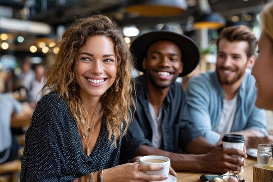 Friends enjoying coffee together in a cozy cafe during a sunny afternoon