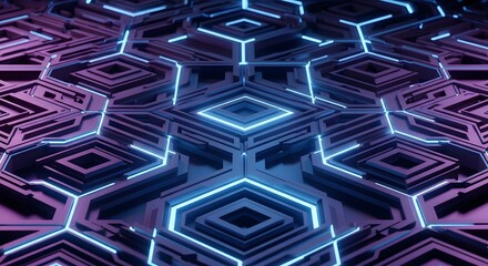 Abstract futuristic technology background with glowing hexagonal and square patterns.