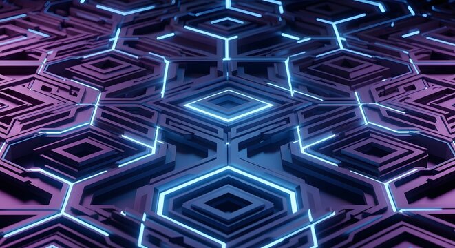 Abstract futuristic technology background with glowing hexagonal and square patterns.