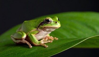 Obraz premium A vibrant, small green frog sits attentively on a verdant leaf, showcasing its delicate features against a dark background.
