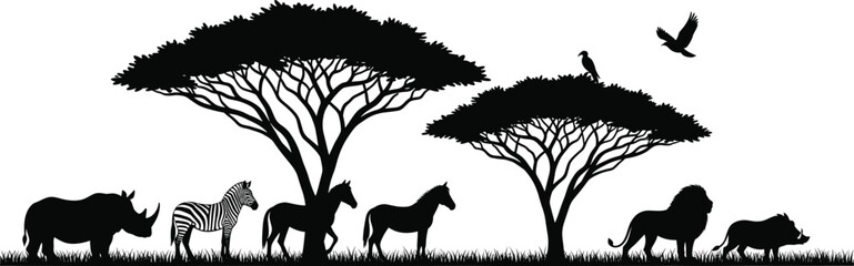African wildlife silhouettes, lion zebra rhino warthog horse, acacia tree landscape, savanna safari animals, black vector design, nature illustration
