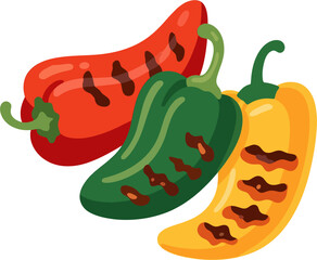 Vector Illustration of Grilled Peppers – Roasted Red, Green, and Yellow Chili Peppers