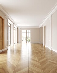 Obraz premium Empty light beige interior room with parquet chevron wood floor and large windows.