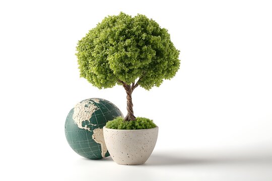 Clean canvas presenting forest tree in ball shaped pot adjacent to geographical sphere supporting green initiative
- Powered by Adobe