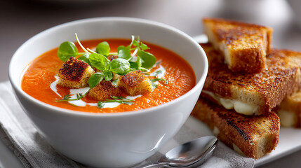 A white bowl with a bright orange tomato soup. Croutons and herbs on top of the soup. Grilled cheese sandwiches next to it.