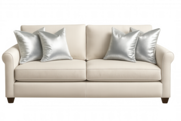 Modern white sofa with shiny silver pillows isolated on transparent background, perfect for interior design projects