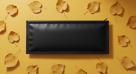 Stylish Black Pouch Centered on Sunny Yellow with Scattered Golden Autumn Leaves Flat Lay.