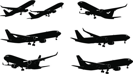 Airplane silhouettes collection, commercial passenger jet vector, black clipart design, aviation illustration, flying plane art, travel air transport symbol