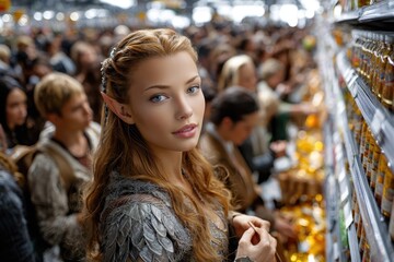 Obraz premium Vibrant fantasy market scene with an elf in a crowded grocery store