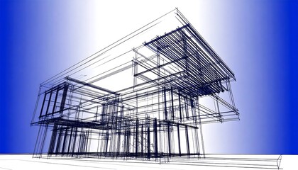 A modern architectural design of a house, depicted in wireframe lines against a gradient blue background.