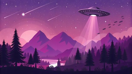 A captivating illustration of a ufo emitting a beam of light over a mountainous landscape, set against a starry night sky with shooting stars