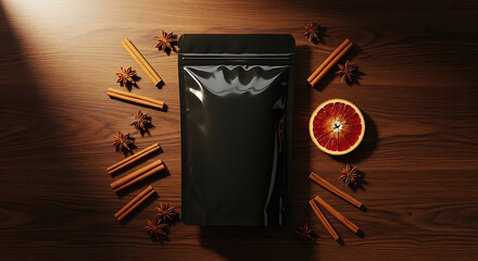 Overhead View - Black Pouch, Cinnamon, Star Anise, Orange Slice on Wood.
