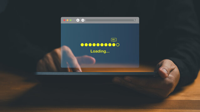 Website loading screen with progress bar on tablet, digital technology waiting concept, internet speed, download in progress, data transfer, remote working, user interface, system update.