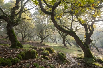 Enchanted Forest: A scenic view unfolds, unveiling ancient, gnarled trees with sprawling branches, creating a mystic atmosphere, sunlight filtering through the leaves creating an atmospheric light.
