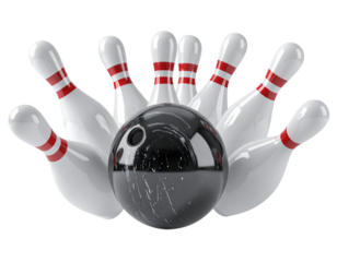 Bowling Ball Striking Pins in Mid-Air Explosion, Front Perspective, isolated on white background