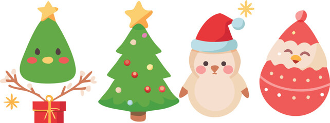 A decorated Christmas tree surrounded by an owl, a penguin, and a colorful bird, creating a festive winter scene.
