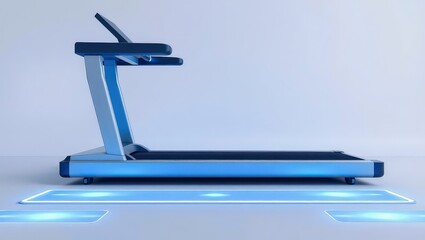 A sleek blue and silver treadmill on a light blue surface with glowing blue rectangles in the foreground