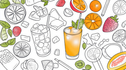 Colorful illustrations of various fruits and drinks, including citrus slices, strawberries, and refreshing cocktails, create vibrant and cheerful