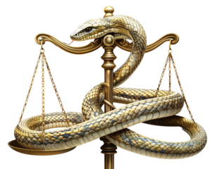 Close-Up of Caduceus Snake Coiled Around Scales’ Beam, Artistic Abstract Perspective, Isolated