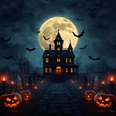 Spooky Halloween Night Background with Haunted House, Full Moon, Pumpkins and Bats