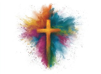 A gold cross is centered amidst a vibrant explosion of colorful powder, creating a dynamic and spiritual image.