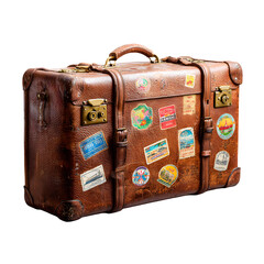 Vintage leather suitcase covered in travel stickers isolated on transparent background