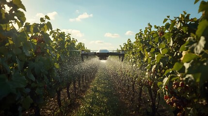 Naklejka premium A drone flying low over rows of a lush green vineyard, spraying a fine mist of liquid, representing modern technology in smart agriculture and viticulture