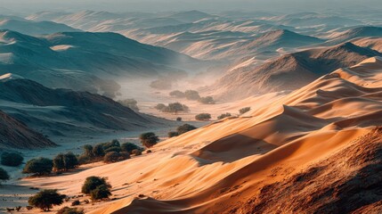 Fototapeta premium Serene desert landscape showcasing rolling sand dunes with distant trees under a hazy sky