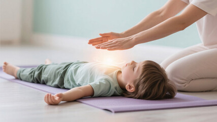 Gentle Reiki energy healing session for child lying on yoga mat, therapist’s glowing hands above chest, holistic wellness and family care concept