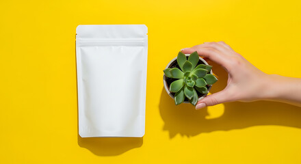 Minimalist Flat Lay - White Pouch and Succulent Plant Held by Hand on Vibrant Yellow Background.