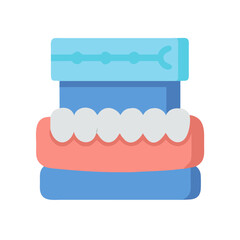 Flat graphic illustration of dentures and storage container set