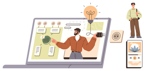 Laptop displays presenter explaining concepts with infographic and lightbulb idea. Smartphone, standing figure, and power socket represent learning, creativity, remote work. Ideal for education