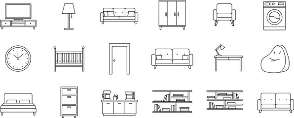 Flat vector, furniture icons, household, home decor, interior design, appliances, living room, bedroom, storage, seating, lighting, wardrobe, kitchen, bookshelf, crib, sofa, chair, bed, clock, door, 