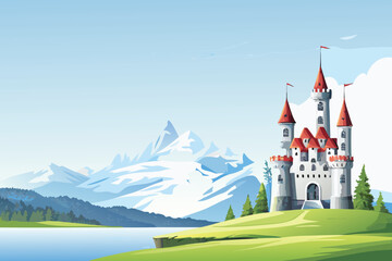 A majestic fantasy castle surrounded by a serene lake and towering mountains in the background.