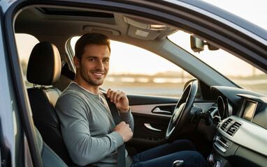 Obraz premium Responsible driver always fastens seat belt before starting trip.