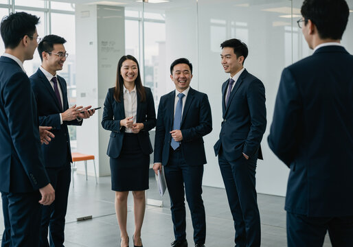 A group of Asian businessmen discussing the work situation in a modern office.