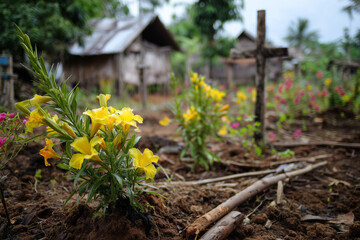 Traditional village cemetery, small earthen mound with a simple wooden sign, wildflowers growing around it