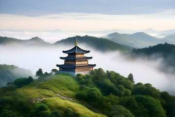 Fototapeta premium A serene landscape with pagoda and mist, ideal for teaching cultural symbolism and peaceful aesthetics. 