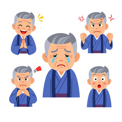 Fototapeta premium Japanese grandfather vector set in modern flat style. Sad, happy, angry, and surprised expressions—perfect for apps, websites, and creative digital projects.
