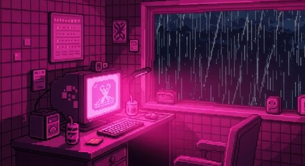 Vaporwave pixelated room, bathed in magenta glow with a rainy ambiance adding to the retro