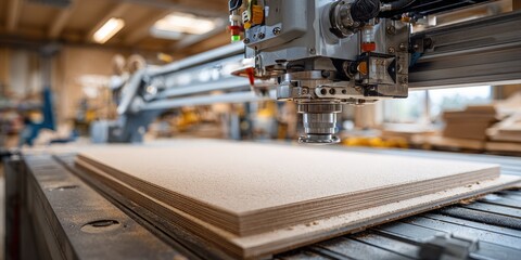Fototapeta premium A CNC machine precisely cuts a wooden panel in a workshop