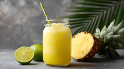 Fototapeta premium Fresh tropical drink in a jar sits on a stone surface. A vibrant mixture of yellow juice, lime, and pineapple creates a refreshing vibe. Perfect for summer. AI