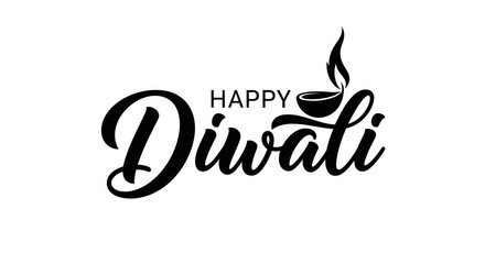 Happy diwali calligraphy with a diya and flame, isolated on white background