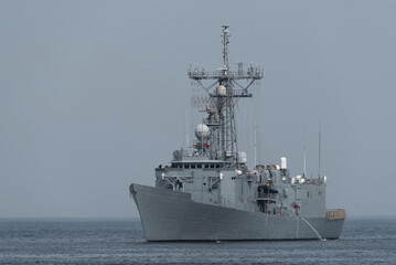 WARSHIP - The Oliver Hazard Perry class guided missile frigate is sailing at sea