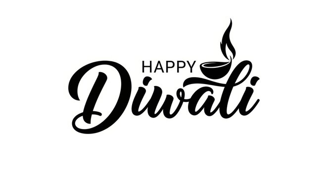 Happy diwali calligraphy with a diya and flame, isolated on white background