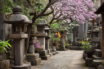 Traditional Japanese cemetery with granite tombstones, stone lanterns, falling cherry blossom trees, spiritual atmosphere