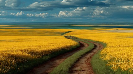 Fototapeta premium Serene winding dirt road through vibrant yellow flower fields under a dramatic sky