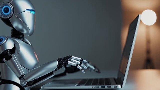 Humanoid robot assistant works on a laptop. Depriving a person of work by artificial intelligence. advanced technologies to simplify and speed up the work process. Digital world and automation. Threat