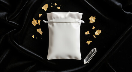 Elegant White Drawstring Pouch, Gold Flakes, and Quartz Crystal on Luxurious Black Velvet.