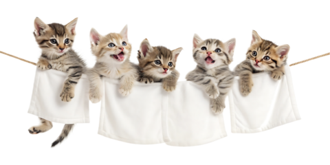 Five adorable tabby kittens hanging on a clothesline with white fabric sacks displaying playful expressions in a delightful studio shot showcasing feline cuteness and innocence